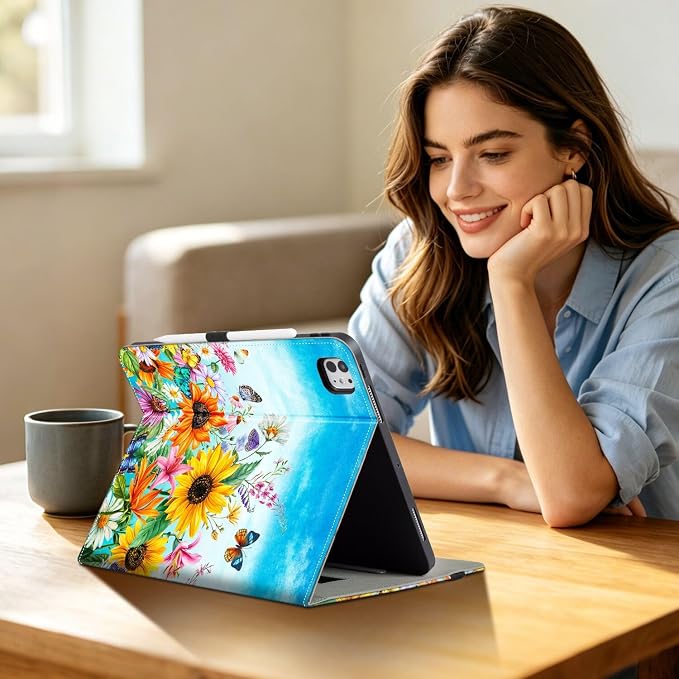 Case for iPad Air 13-inch M4/M3/M2 iPad Pro 12.9 6th/5th/4th/3rd Generation Case with Pencil Holder Multi-Angle Adjustable Stand Shockproof Pocket/Hand Strap/Auto Wake Sleep Sunflowers Butterfly