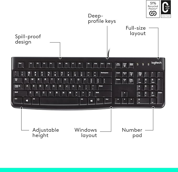 Logitech K120 Wired Keyboard for Windows, USB Plug-and-Play, Full-Size, Spill-Resistant, Curved Space Bar, Compatible with PC, Laptop - Black
