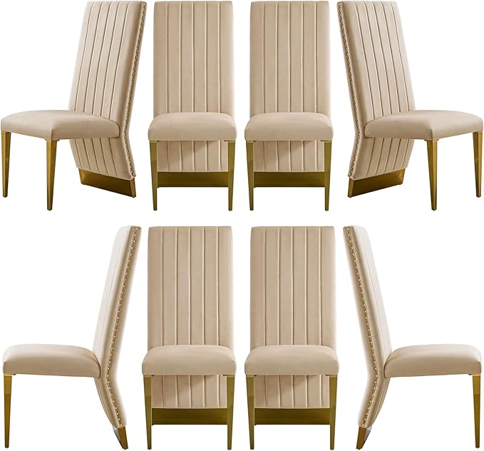 AUZ Dining Chairs with Nail Head Trim, Modern Velvet Upholstered Dining Room Chairs in Lovely Color with Polished Gold Stainless Steel Legs, Set of 8