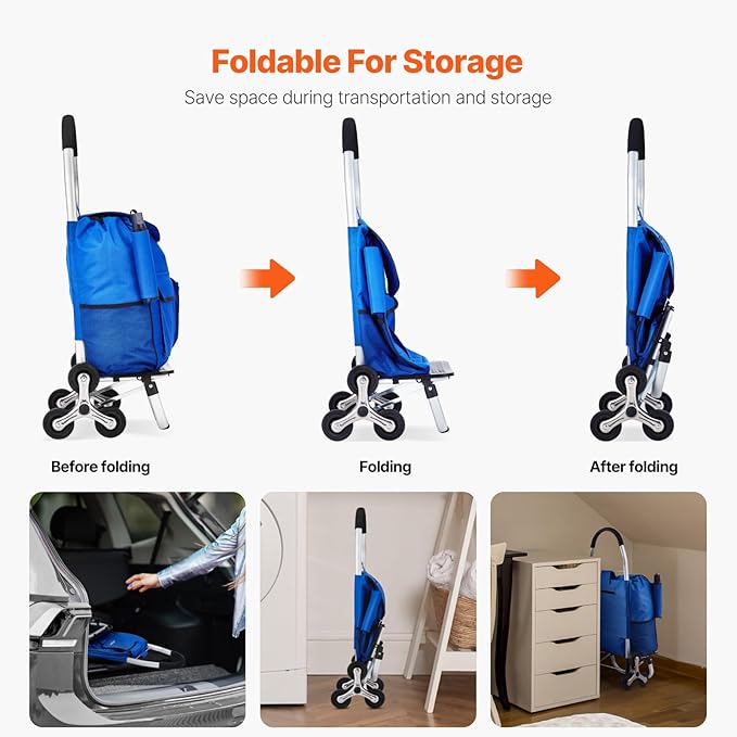 VEVOR Stair Climber Cart, 36L Capacity, Grocery Cart Laundry Stair Climbing Handcart with 6 Wheels & Oxford Cloth Bag, Foldable Stair Climber Hand Truck for Grocery Laundry Climbing