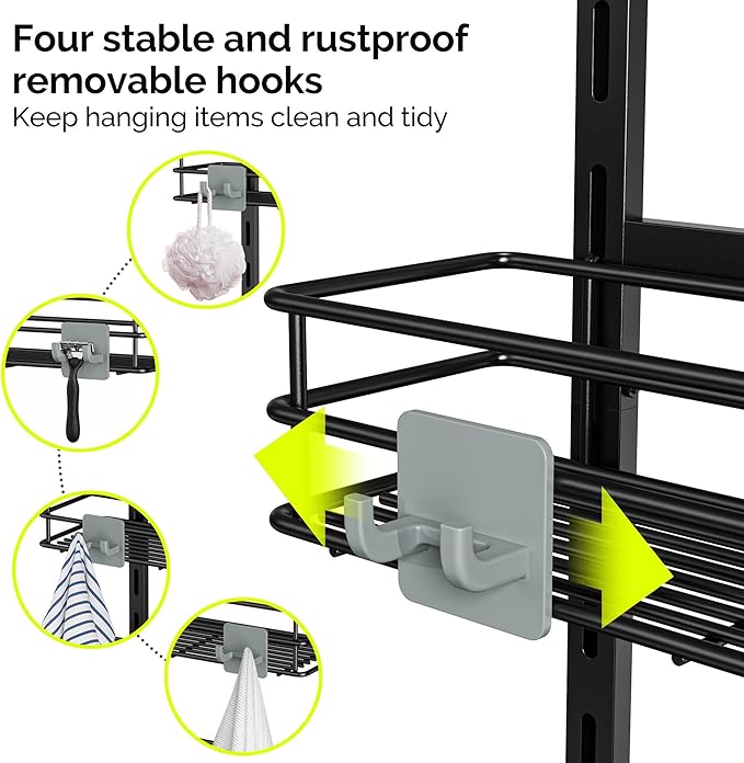 Orimade Over The Door Shower Caddy Adjustable 3 Tier Black,Bathroom Hanging Organizer Shelf Rustproof with 4 Hooks,Shower Basket with Soap Holder and Suction Cup