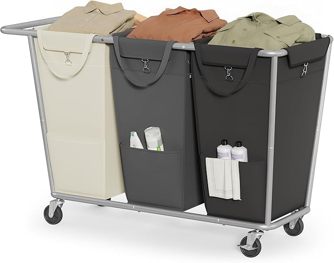 SONGMICS Laundry Basket with Wheels, 3-Section Laundry Sorter, 76.6 Gallons (290 L) Rolling Hamper with Removable Bags, Heavy-Duty Steel Frame, Cream White, Dark Gray and Ink Black URLS010X01