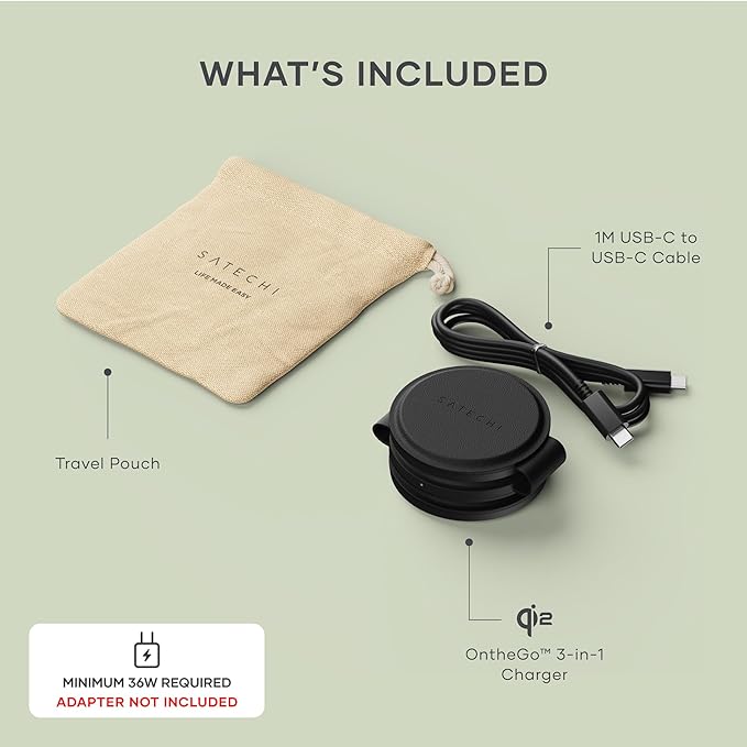 Satechi OntheGo™ 3 in 1 Wireless Charger, Qi2 Portable Charger with 15W Fast Charging for iPhone 17 to 12 Series, 5W for Apple Watch, and 5W for AirPods, Magnetic Travel Charging Station – Black
