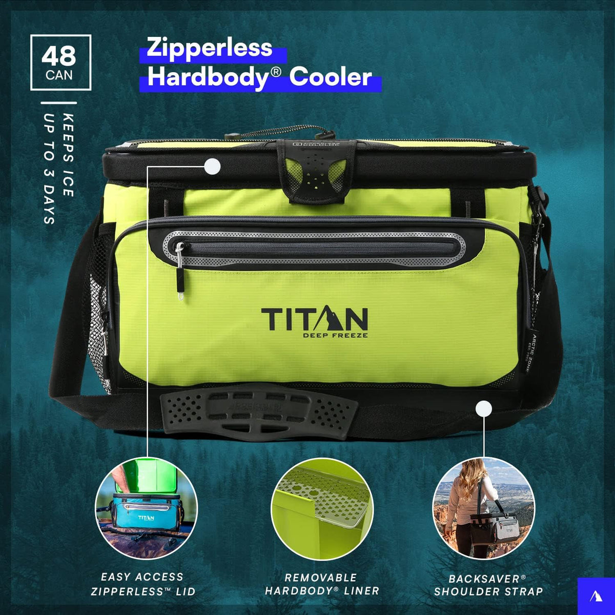 Titan by Arctic Zone Deep Freeze Cooler - 48 Can Zipperless Hardbody Cooler with Deep Freeze Insulation, HardBody Liner, and SmartShelf - Moss Green