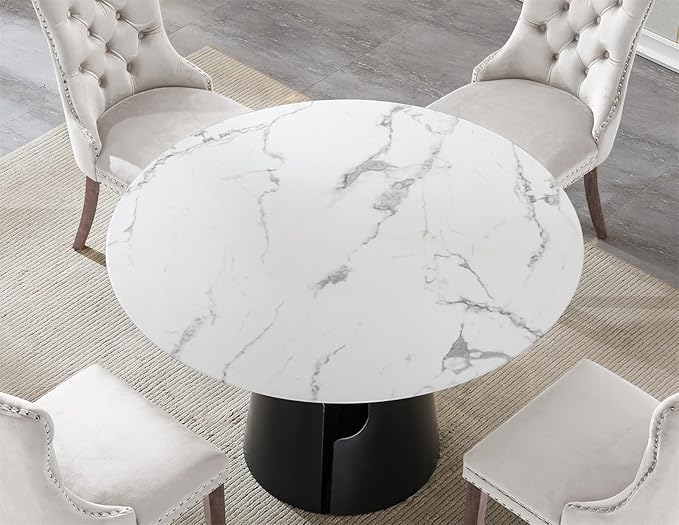 5-Piece Faux Marble Round Dining Table Set for 4, Modern Luxury Kitchen Table Set for 4 with Beige Tufted Chairs,Circle Dining Tables with White Marble Grain Top and Black Pedestal Base