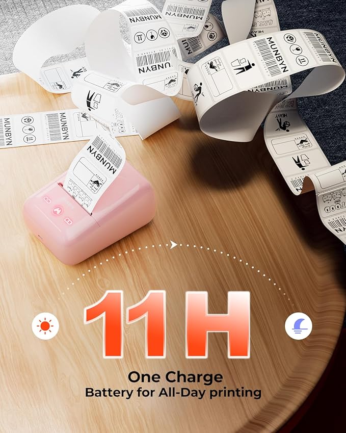 MUNBYN 5-in-1 Label Maker Machine – Bluetooth Thermal Label Printer for Stickers & Barcodes, App-Connected, Multiple Templates, No Subscription, Portable for Small Business, Home&Crafts, Pink