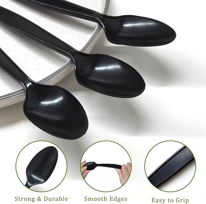 100% Compostable Spoons, 300 Disposable Spoons, Black No Plastic Spoons, BPA-Free Heavy Duty Disposable Utensils, Ecofriendly Compostable Cutlery for Party Wedding Picnic