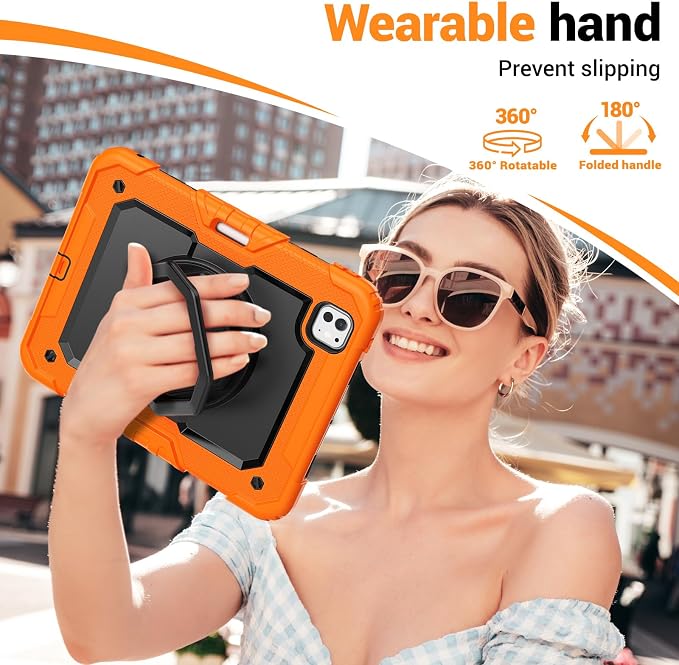 for iPad Pro 11 inch Protective Case M5 2025/M4 2024: Heavy Duty Shockproof Case with Pencil Holder - 360°Rotating Handle/Stand - Screen Protector - Shoulder Strap Black/Sky Blue