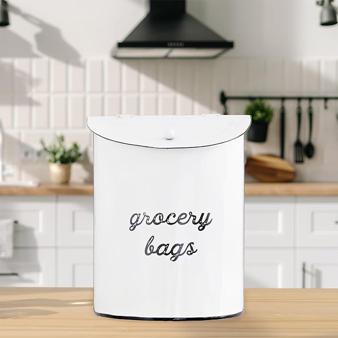AuldHome Design Rustic Grocery Bag Holder; Wall-Mounted Vintage Enamelware Farmhouse Style Plastic Bag Dispenser for Kitchen or Laundry Room