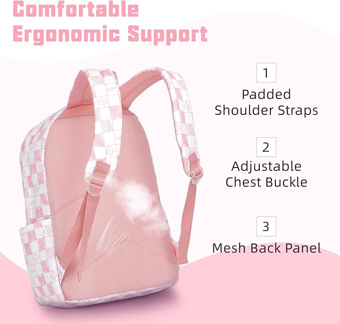 School Backpack for Girls, 3PCS Bookbags Set with Lunch Box Pencil Pouch Elementary Middle School Bag Laptop Back Packs (Cat Checkered Pink)