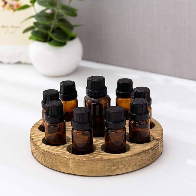 MyGift Small Essential Oil Bottle Holder - 10 Slot Brown Wood Round Storage Display Rack, Nail Polish Holder, Lipstick Organizer
