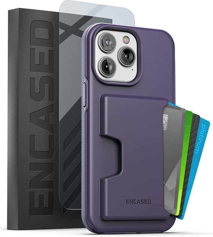 ENCASED Protective Wallet Case Designed for iPhone 14 Pro Max with Card Holder and Screen Protector (4 Credit Cards/IDs) - Purple