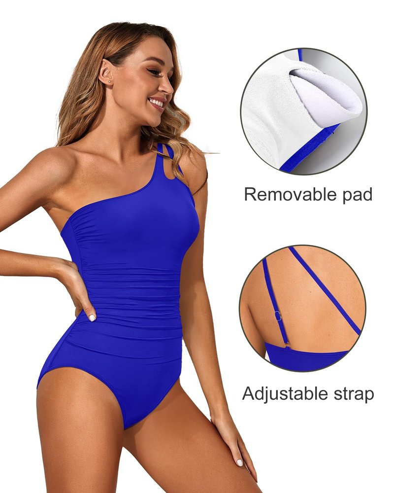 Holipick One Shoulder One Piece Swimsuit for Women Tummy Control Bathing Suits Modest Full Coverage Keyhole Swimwear Royal Blue