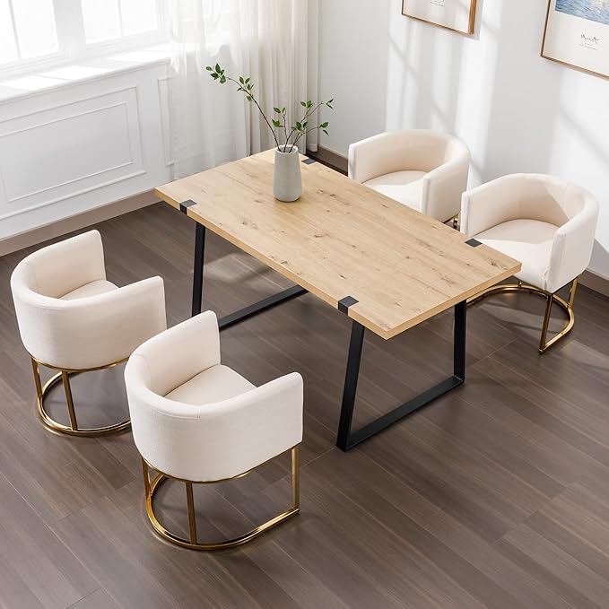 Linen Fabric Dining Chairs Set of 3 Modern Barrel Arm Chairs with Golden Frame, Upholstered Kitchen Chairs 18.5" Wide Accent Chairs for Living Room Dining Room Restaurant, Cream