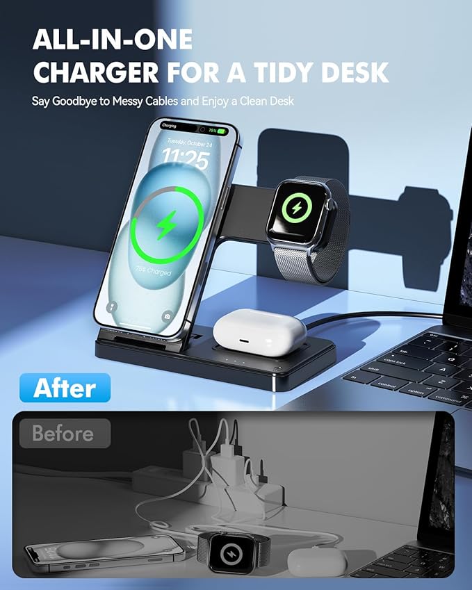 25W MagSafe Charging Station 3-in-1 Magnetic Wireless Charger Stand | Foldable Phone and Watch Charger for Apple Multiple Devices-iPhone Air 17 16 15 14 13 12 Pro Max Watch and AirPods-Black