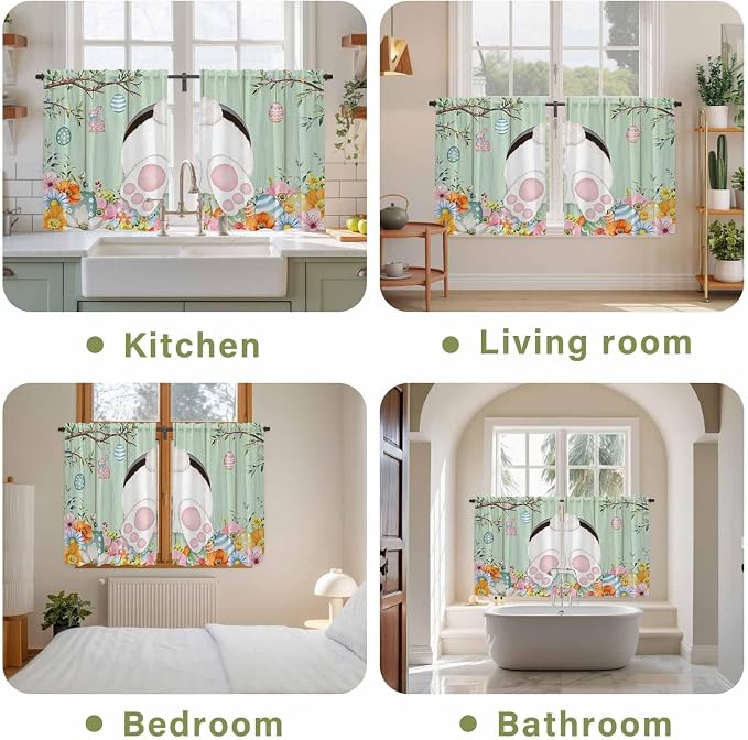 Easter Kitchen Curtains 45 Inch Long 2 Panel Set, Rod Pocket Window Treatment