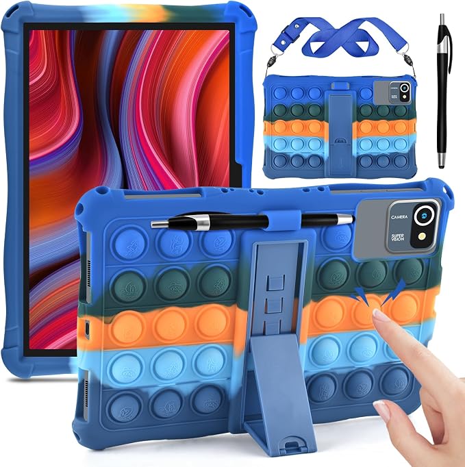 DETUOSI 11 inch Tablet Case Compatible with COLORROOM Android 14 AOCWEI X800 with Shoulder Strap and Stylus Pen Multi-Angle Protective Cover for TECLAST P50 Dazzling Dark Blue