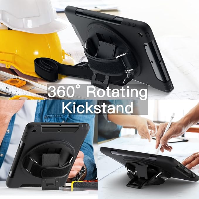 JETech Rugged Case for iPad 6th/5th Gen 9.7 (2018/2017) Black | Built-in Screen Protector 360° Rotating Hand Strap Stand Heavy Duty Shockproof Protection