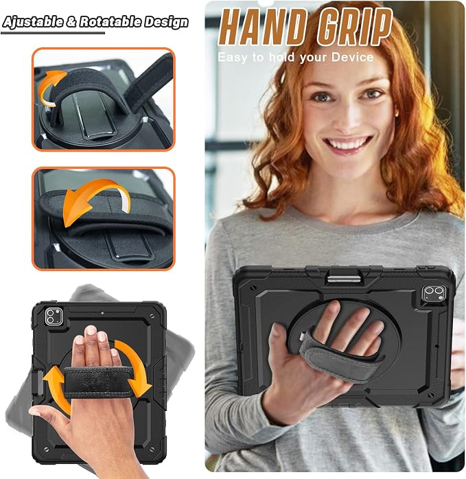 iPad Pro 11 Inch Case 2024 with Screen Protector Pen Holder | iPad Pro 11 5th Generation Case | Three Layer Shockproof Defender Protective Cover W/Stand Hand Strap for iPad A2836/A2837 | Black