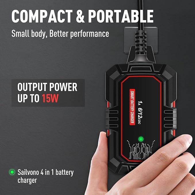 Sailvono 1A Battery Charger, 6V and 12V Smart Trickle Charger, 10-Stages 14.6 Volt LiFePO4 Automatic Battery Maintainer with Supply Mode for Motorcycle Car Lawn Mower Boat Marine Lead Acid Batteries