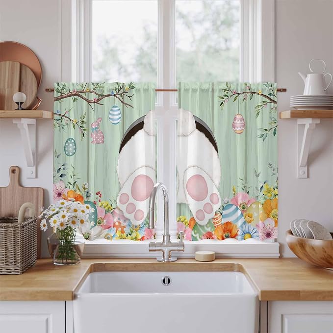 Easter Kitchen Curtains 45 Inch Long 2 Panel Set, Rod Pocket Window Treatment