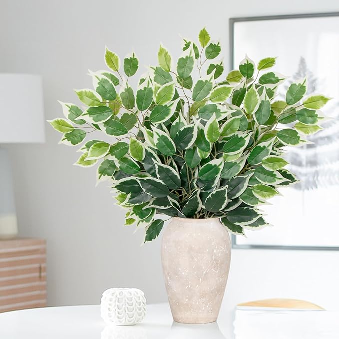 12PCS Ficus Leaves Artificial Branches 24" Faux Ficus Greenery Tree Branches Fake Ficus Leaves Sprays for Tree DIY Arch Wedding Wall Decor - Green & White