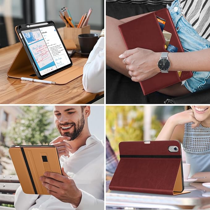DTTO for iPad (A16) 11th Generation 11-inch &amp 10th Gen Case Brown | Premium Leather Business Cover with Pencil Holder Hand Strap &amp Pocket Corner Protection Auto Sleep/Wake for Work &amp
