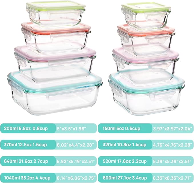 Vtopmart 8 Pack Glass Food Storage Containers with Airtight Lids, Glass Meal Prep Containers, Lunch Containers for Microwave, Oven, Freezer and Dishwasher, BPA Free