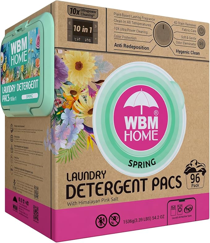 WBM Home Laundry Detergent Pods, Spring Fragrance Scent, 96 Count - HE Concentrated Laundry Pods With 10x Ultrapower Cleaning and 4D Laundry Stain Remover