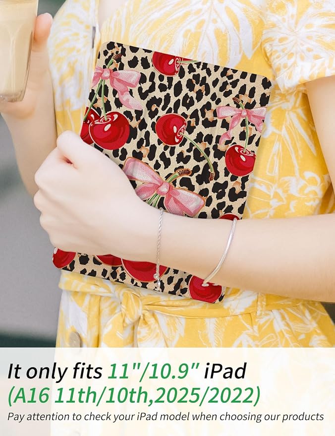 Case for iPad 9th/ 8th/ 7th Generation Case 10.2&amp10.5 Inch (2021/2020/2019 Release) Slim Lightweight Soft Trifold Back Cover with Pencil Holder &amp Auto Sleep/Wake Cover Cherries Cheetah Bows