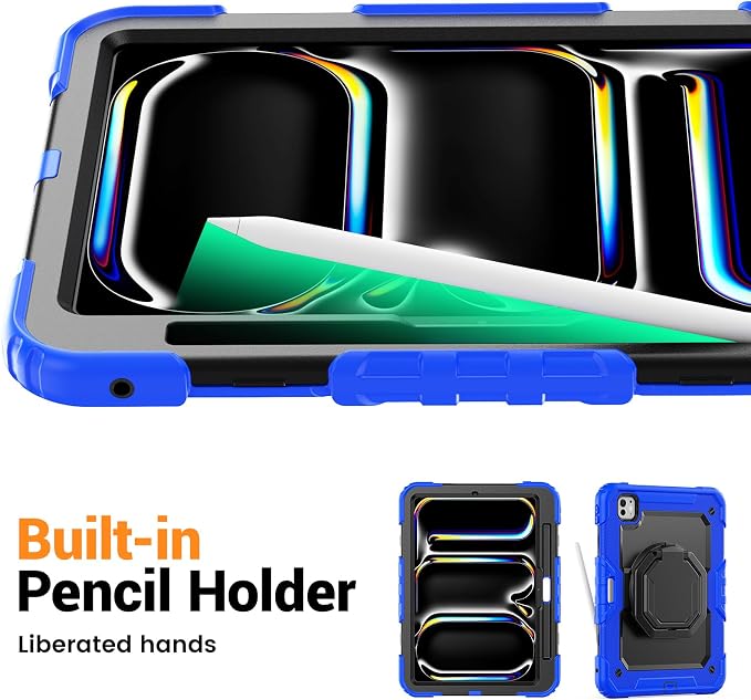 for iPad Pro 11 inch Protective Case M5 2025/M4 2024: Heavy Duty Shockproof Case with Pencil Holder - 360°Rotating Handle/Stand - Screen Protector - Shoulder Strap Black/Sky Blue
