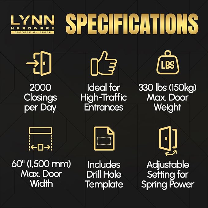 LYNN HARDWARE Heavy Duty Automatic Door Closer (Gold) - Commercial Grade, Contractors Choice, Adjustable Speed & Force, Delayed Closing Timer, 3 Mounting Options, 3 Hour Fire Rated (DC8016 Model)