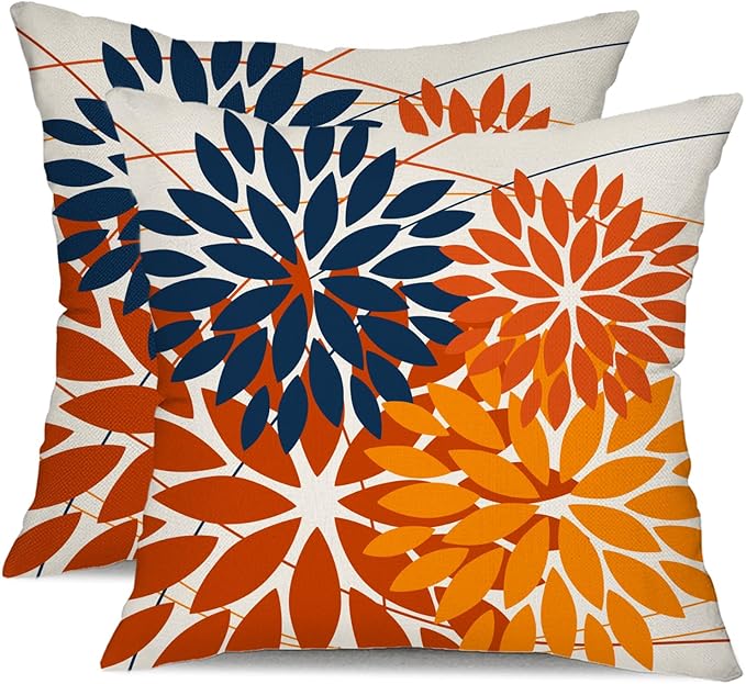 DFXSZ Outdoor Pillow Covers 18x18 Inch Set of 2 Blue Orange Flower Decorative Waterproof Summer Outdoor Fall Pillow Covers for Patio Funiture Garden Couch 168N18