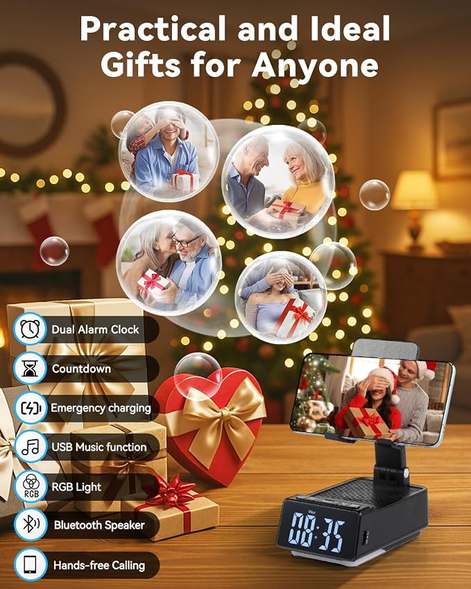 Birthday Gifts for Women Men 7 in 1 Multi-Function Phone Stand with Bluetooth Speaker Portable Charger Alarm Clock LED Light USB Playback Hands-Free Calling (Black)