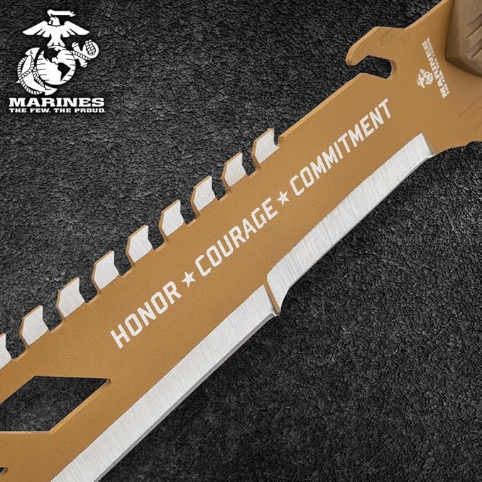 USMC Desert OPS Sawback Machete with Shoulder Strap Sheath - Officially Licensed By United States Marine Corps, Stainless Steel Blade, Non-Reflective Finish, ABS Handle - For Outdoors Job - Length 24"