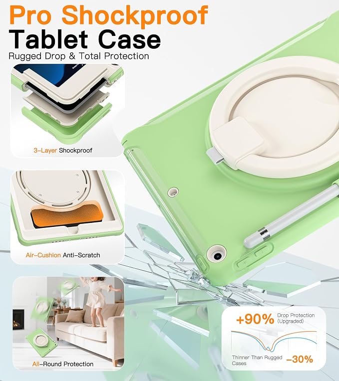 BATYUE Shockproof Case for iPad 9th 8th 7th Gen 10.2 Inch Black | 3in1 PC+TPU Heavy Duty 360° Rotatable Ring Stand for Grip Carry Hang &amp Multi-Angle View Screen Protector Pencil Holder