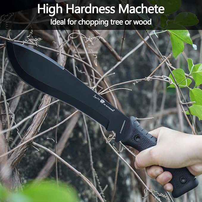 HX Outdoors 14 Inch Bush Machete Kukri Knife, Premium D2 Steel Full Tang Gardening Machete Knife with Kydex Sheath for Outdoor, Camping, Clearing Brush (Black)