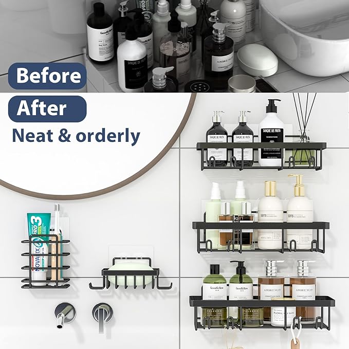 10 Pack Shower Caddy Organizer Rack Shelf for Inside Shower, Self Adhesive Wall Storage Basket Rustproof Stainless Steel Shampoo Holder Bathroom Accessory Decor Set, Black