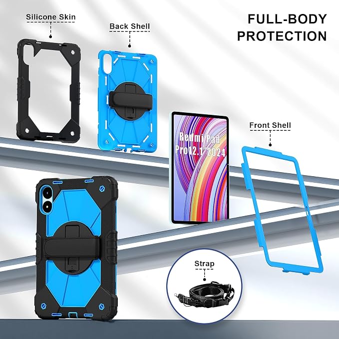 for Xiaomi Redmi Pad Pro 12.1/Xiaomi Poco Pad 12.1 Case with with Kickstand/Hand Strap/Rotating/Shoulder Strap (Black/Black)