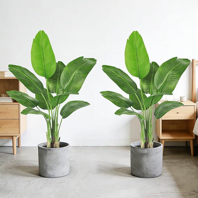 2 Pack Birds of Paradise Plant Artificial, 4FT Fake Plants Faux Banana Leaf Tree with 9 Banana Leaves, Lifelike Tall Fake Tropical Indoor Silk Floor Plant in Black Pot for House,Office,Room,Home Decor