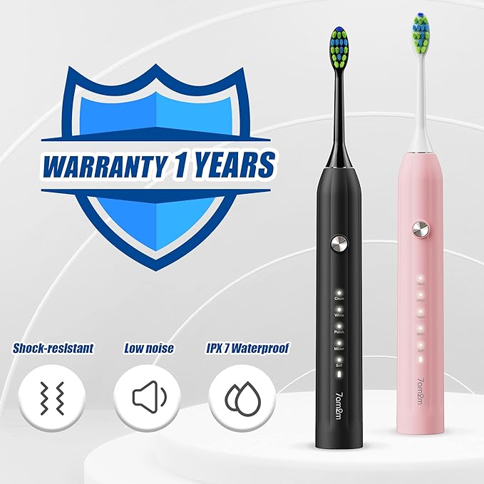 7AM2M Rechargeable Sonic Electric Toothbrush 2 Pack, Soft Toothbrushes for Adults and Kids with 12 Brush Heads, IPX7 One Charge Use for 90 Days, 5 Modes with 2 Minutes Build in Smart Timer