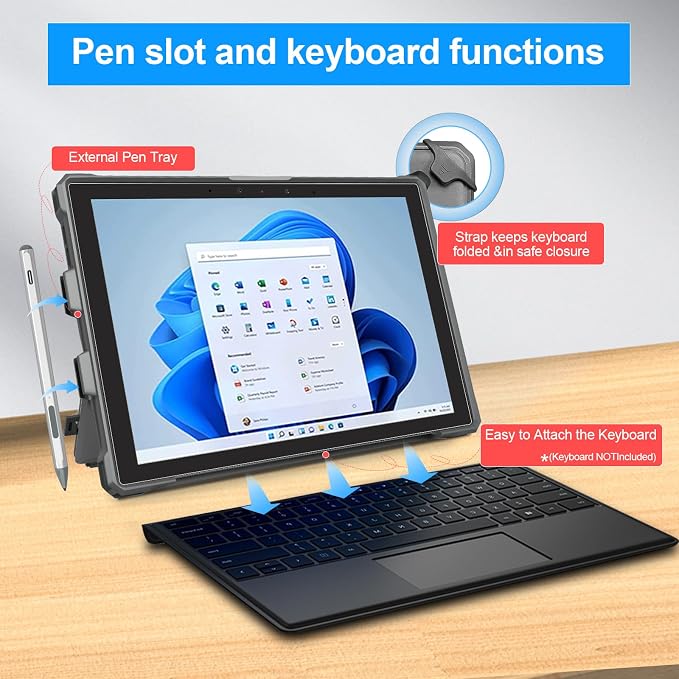 Case for 12.3 Microsoft Surface Pro 7+/7/6/5/4 Protective Rugged Cover Case with Surface Pen Holder and Hand Strap Compatible with Surface Pro Type Cover Keyboard (Black)