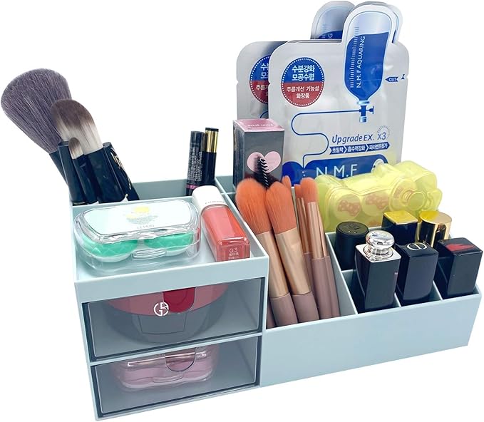 Vanity Makeup Organizer, Cosmetic Storage Organizer/Box, Mini Desk Storage for Office Supplies, Bathroom Counter or Dresser, Blue