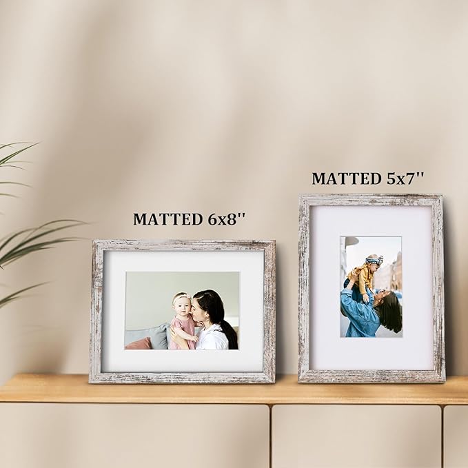 Egofine 9x12 Picture Frame Made of Solid Wood Rustic White Covered by Plexiglass, Wood Frame for Pictures 5x7/6x8 with Mat or 9x12 without Mat, Tabletop and Wall Mounting Display