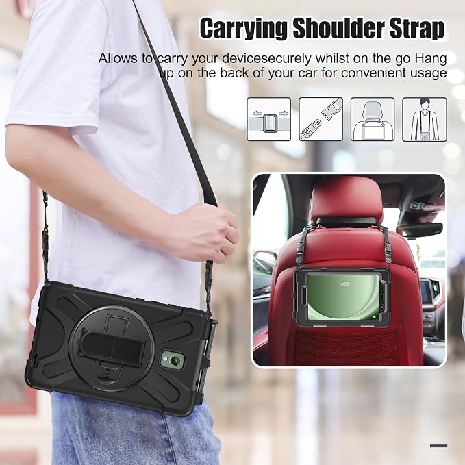 Junfire Case for Samsung Galaxy Tab Active5 8-inch 2024/ Active3 2020 | 360° Rotating Stand Hand Strap Shoulder Strap Pencil Holder Heavy Duty Shockproof Rugged Black T570 X300 Case
