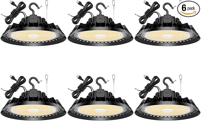 6Pack LED High Bay Lights, 300W UFO High Bay LED Shop Lights, 45000LM Adjustable CCT(5700K 5000K 4500K) & Power(300W 240W 200W), 0-10V Dimmable, 5' Cable Plug, IP65 Waterproof, ETL & DLC Listed