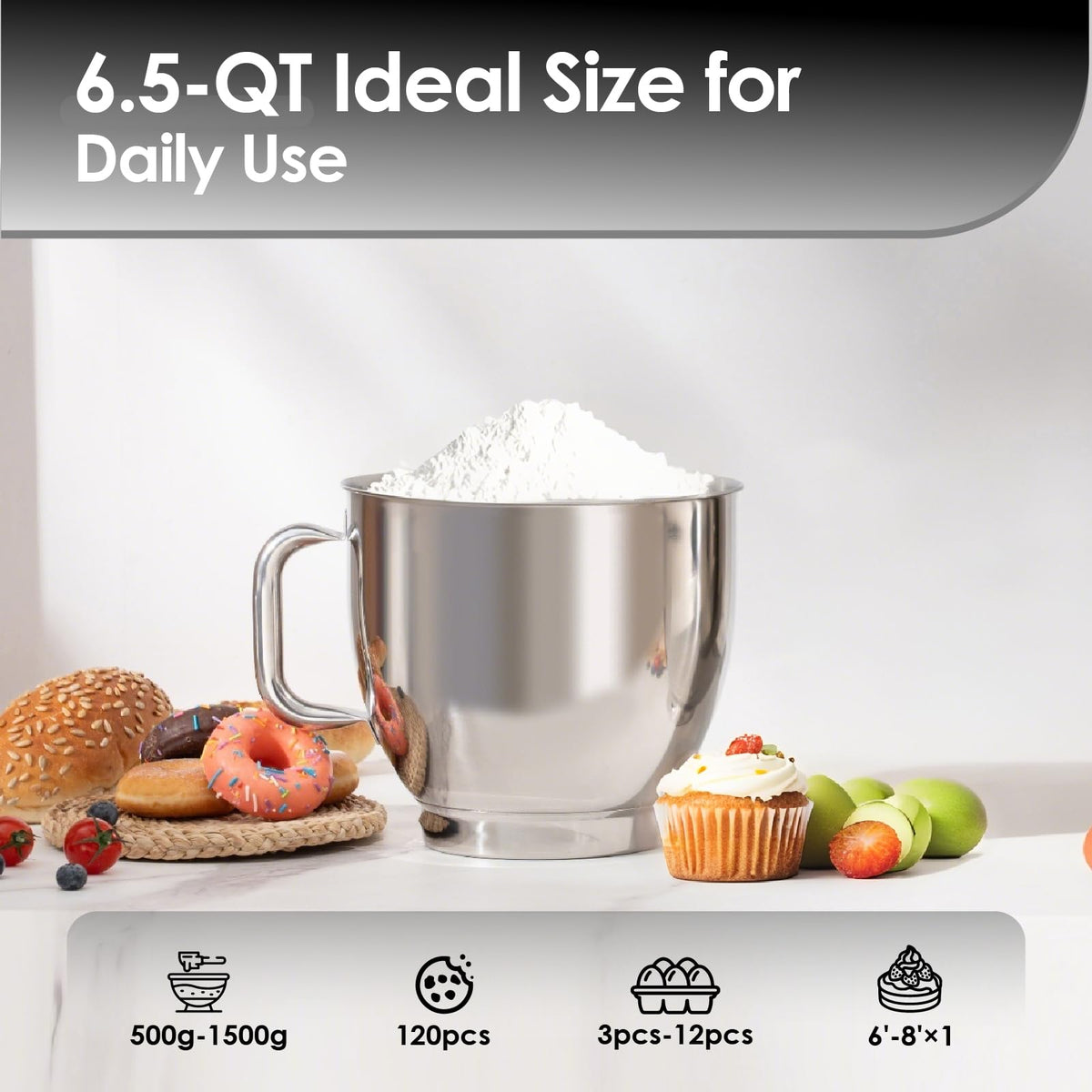 Kitchen in the box Stand Mixer - 6.5 Quart Mixing Bowl with Handle, 900 Watt Heavy Bread Dough Standing Mixers Tilt-head with Dough Hook, Whisk, Flat Beater and Splash Guard (Black)