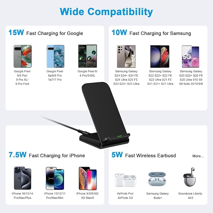 Wireless Charger Samsung Fast Charging Stand for Samsung Galaxy S26 Ultra S26+ S26 S25 S24 S23 S22 S21 S20 Ultra FE 15W Android Phone Wireless Charger Stand for Pixel 10a 10 9 Pro XL Fold 8a 7 Pro