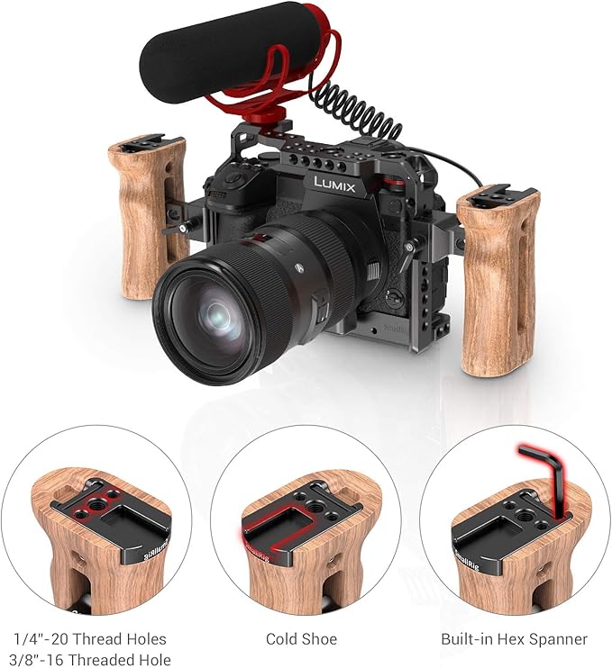 SmallRig Universal Side Wooden NATO Handle Grip DSLR Camera Cage w/Cold Shoe Mount Built-in Wrench, Threaded Holes – 2187