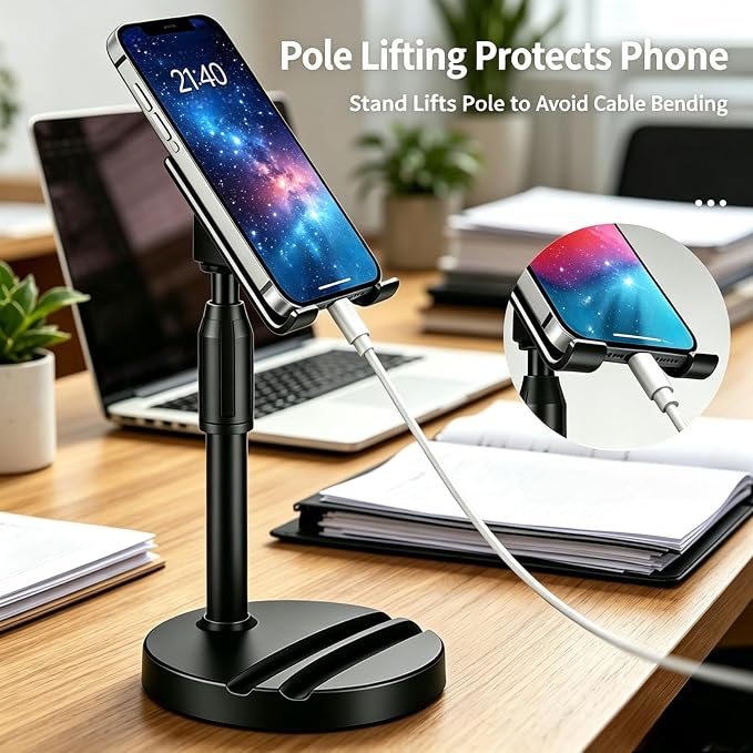 Adjustable Height Phone and Tablet Stand Dual Device Holder with 360° Rotation Sturdy Non-Sturdy Non-Slip Base with Card Slot for Livestream Watching Videos Work Gaming